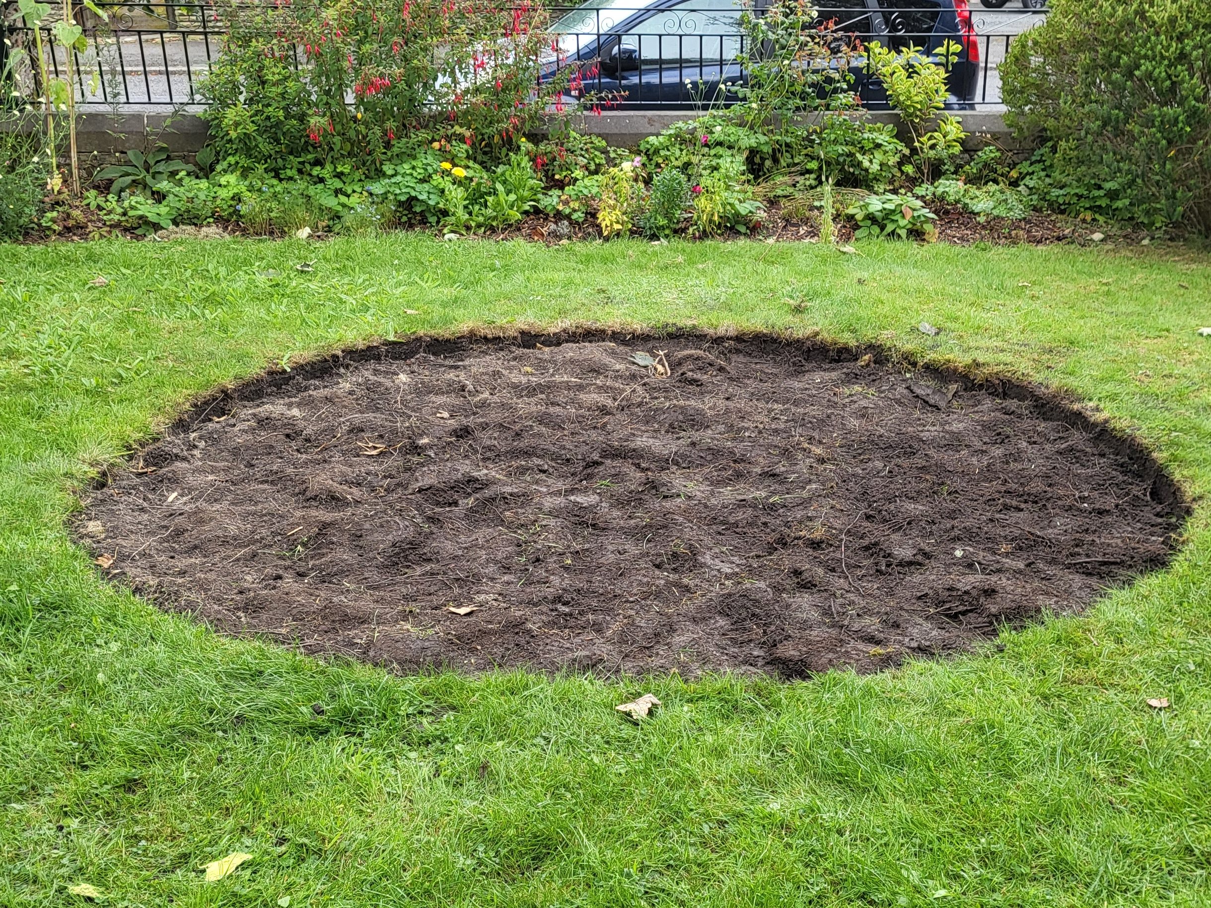 A circle of bare earth where turf has been cut from a lawn.