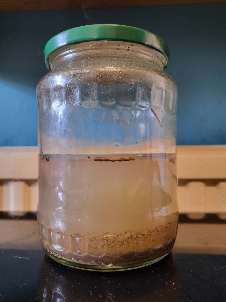Jar of soil & water with the soil settled at the bottom.